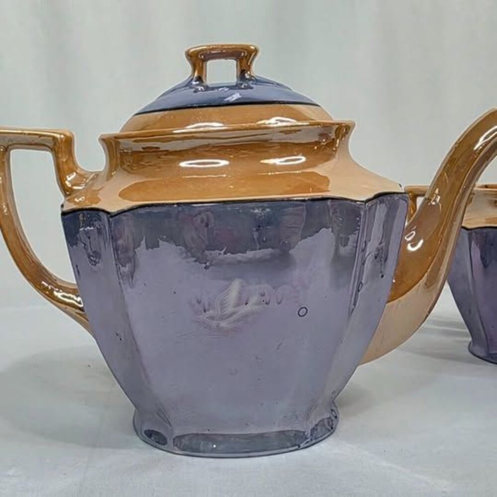 Vintage Takito Japan Lusterware Tea Set | 3 Pc Peach Blue Floral | 1920s-1940s - Picture 6 of 10